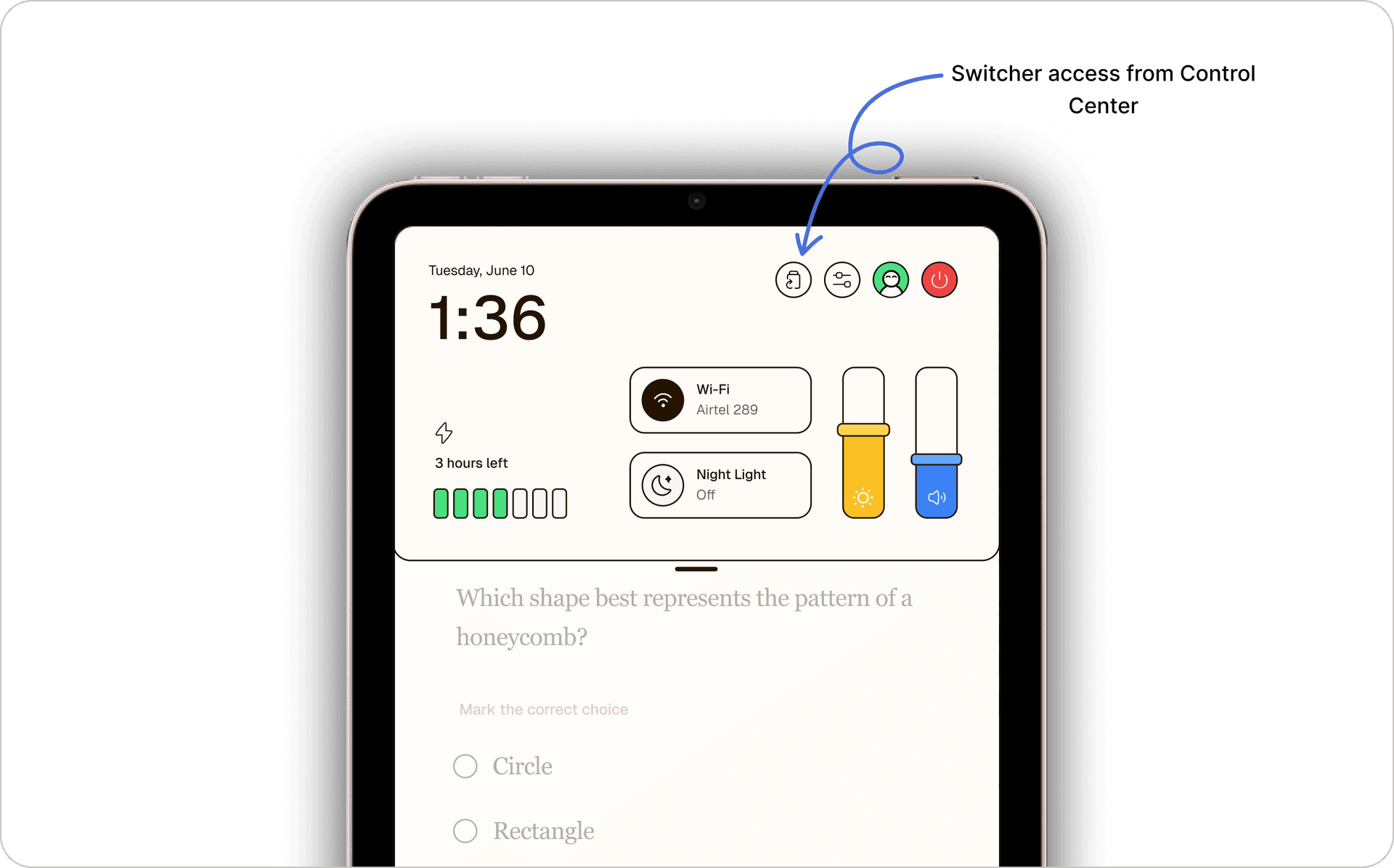 Final entry point mockup: two-finger swipe down with Control Center access, annotated to show the switcher icon in Control Center